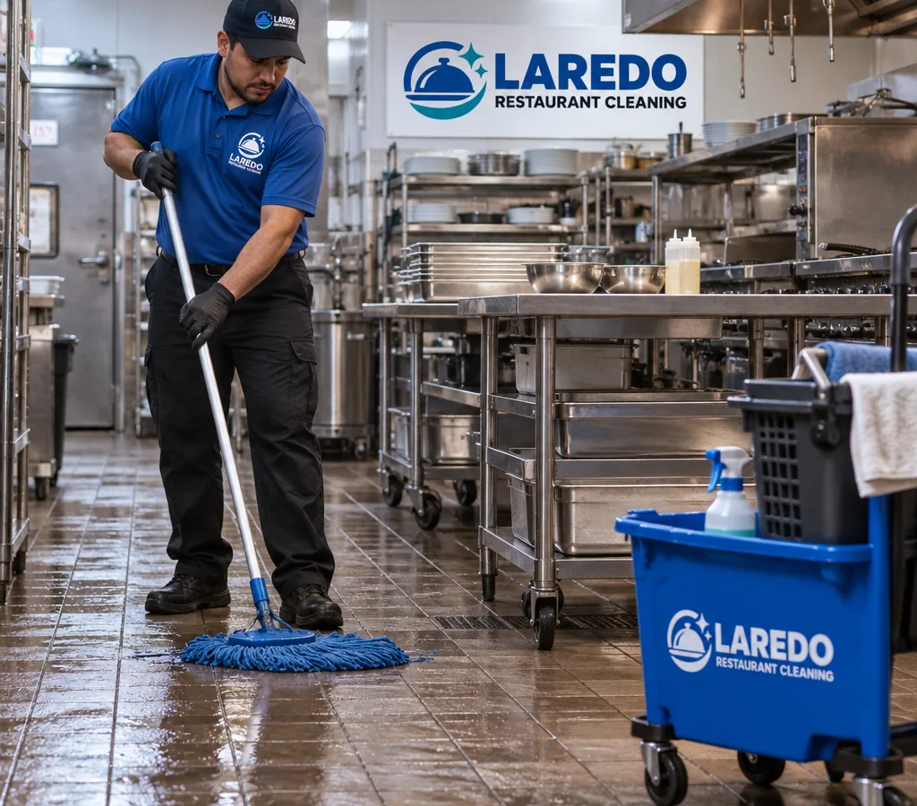 Cleaner mopping an after-hours commercial restaurant kitchen with stainless prep tables