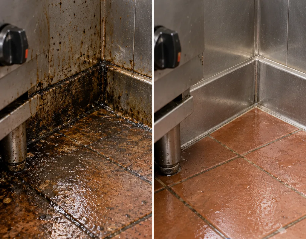 Before-and-after view of a greasy cook-line floor edge and corner after degreasing and scrubbing