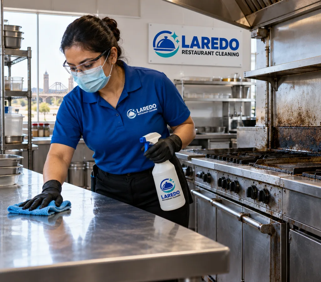 Professional cleaner in PPE wiping a stainless prep table beside a commercial range and hood line
