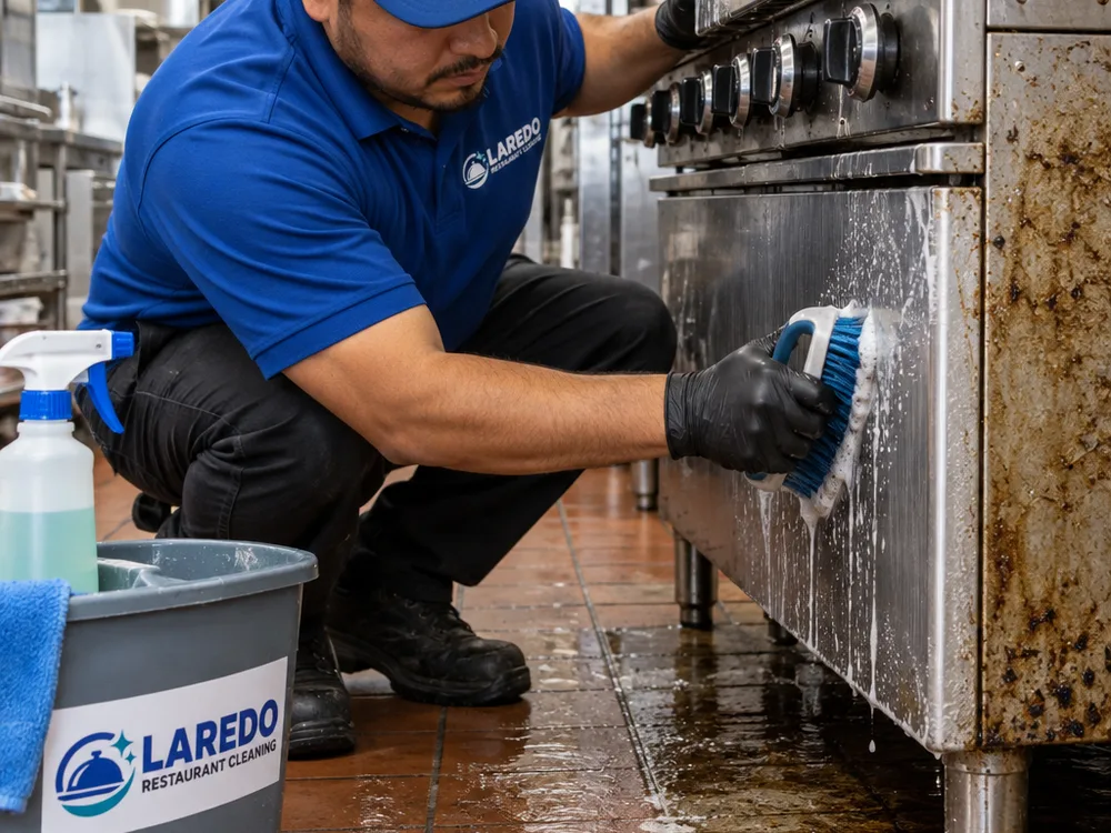 Technician scrubbing grease from a commercial range side panel, legs, and nearby floor edge