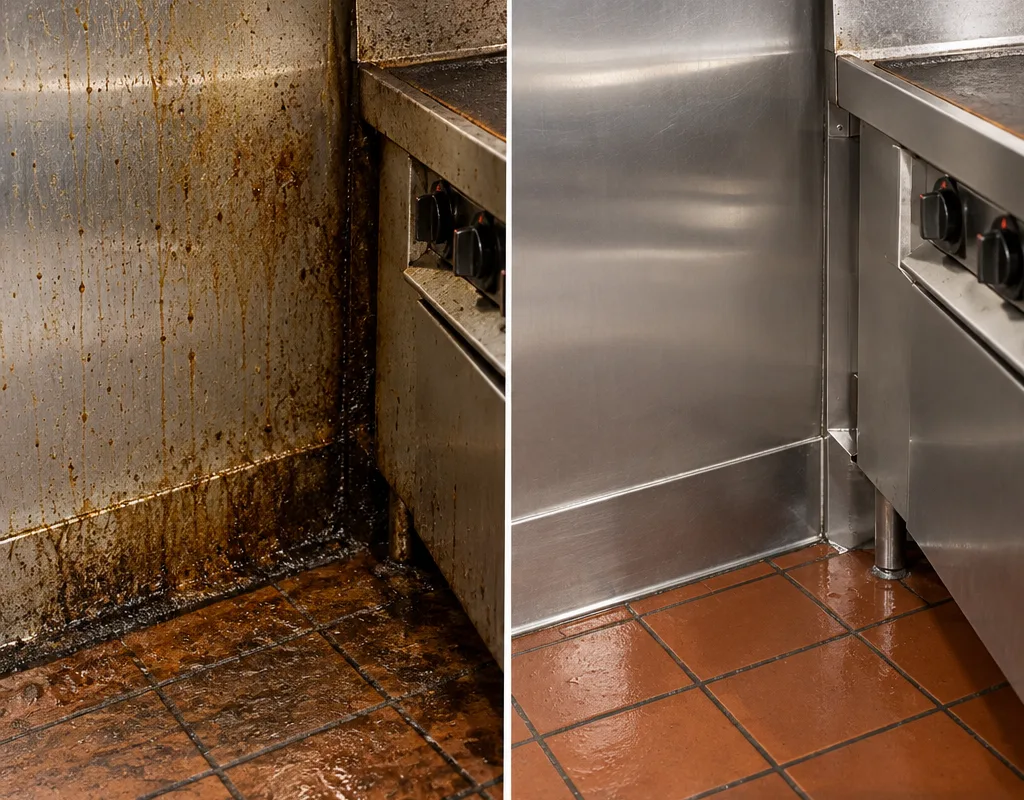 Before-and-after view of a greasy wall corner and floor edge near a cook line after degreasing and scrubbing
