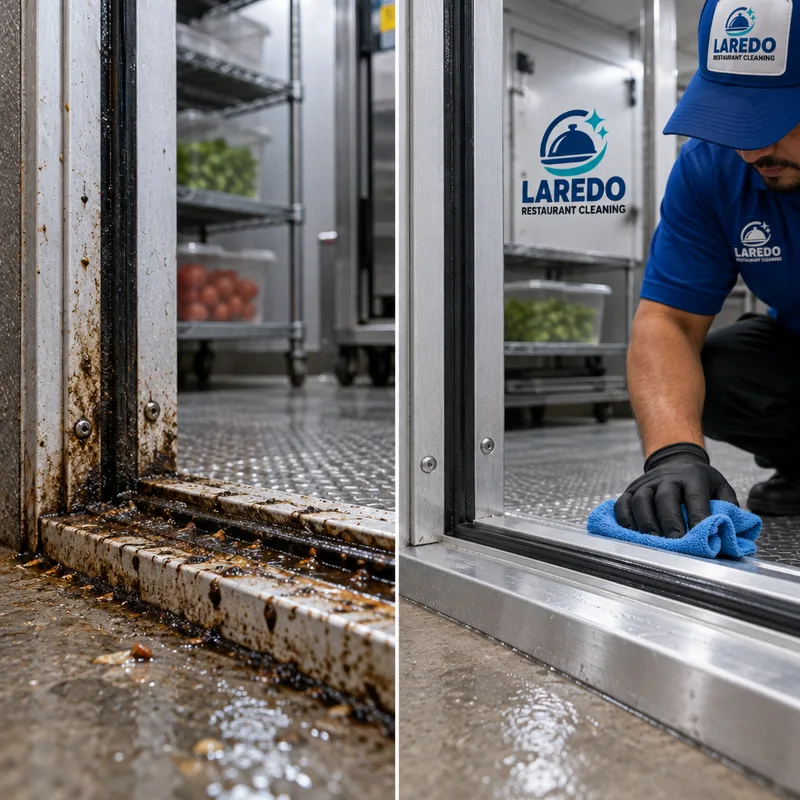 Cleaned walk-in cooler threshold and door track showing detailed grime removal