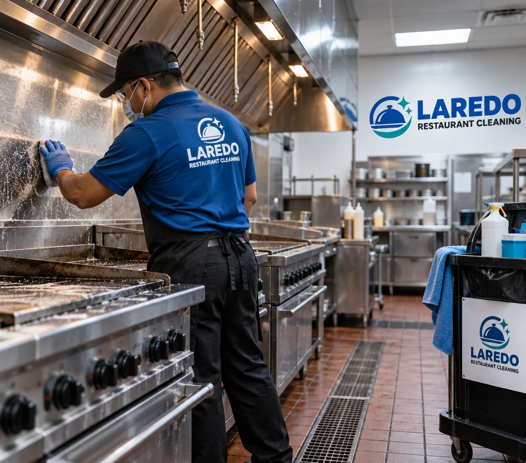 Professional cleaner in PPE detailing a stainless commercial kitchen line, hood area, and tile floor after hours