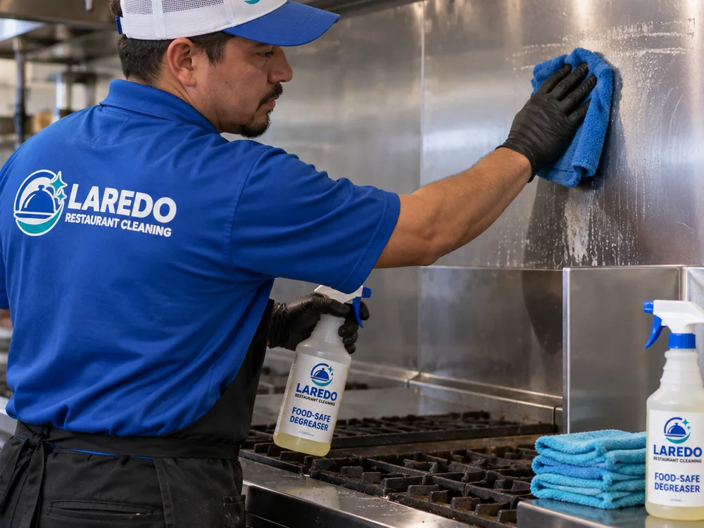 Technician degreasing stainless steel sides and backsplash behind a commercial range with cleaning supplies nearby
