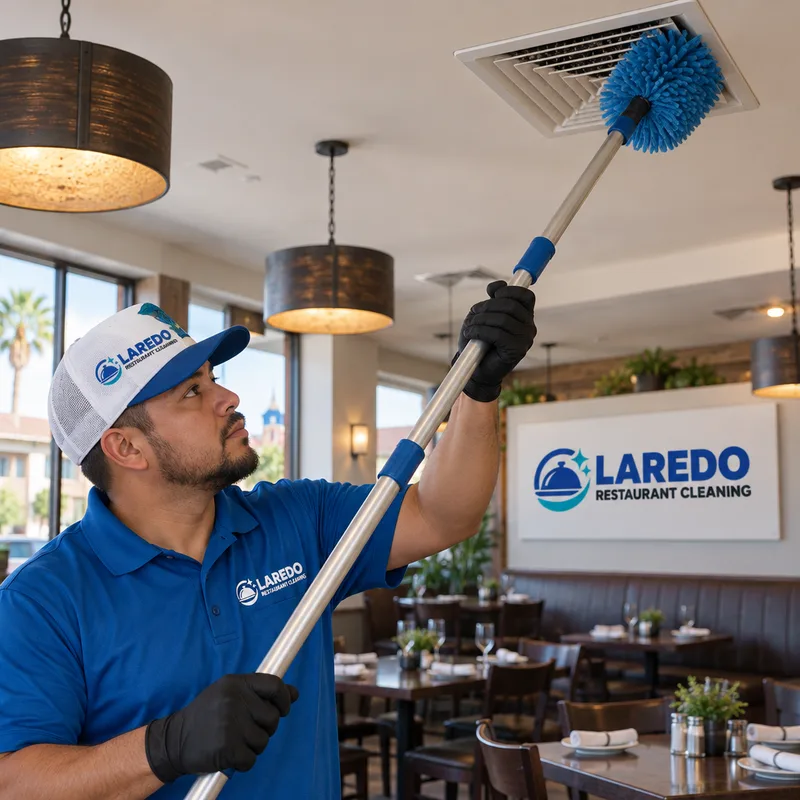 Cleaner using an extendable duster on high vents and light fixtures above a restaurant dining room