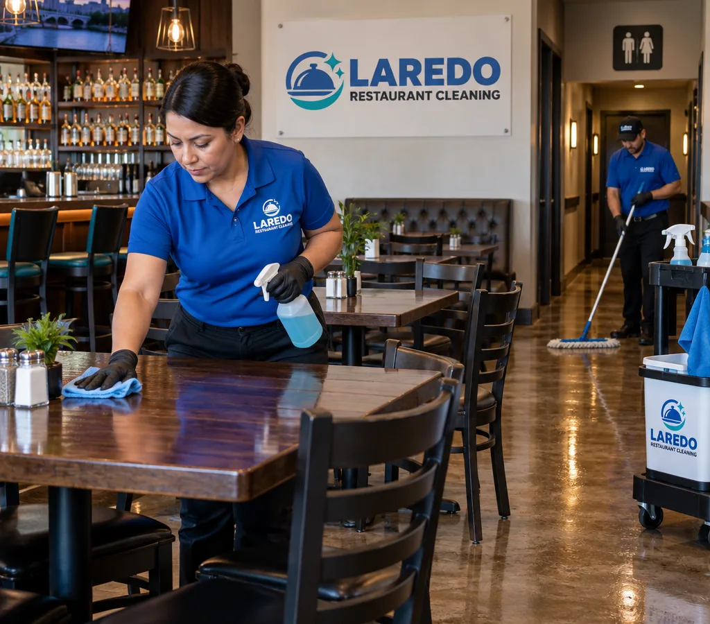 Cleaner sanitizing restaurant tables and chairs near a bar and restroom hallway