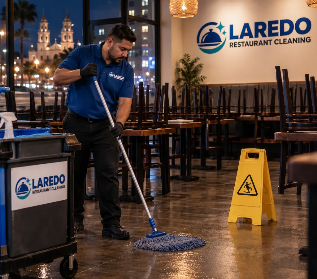 Night crew member mopping a closed restaurant dining room with chairs raised and floor signage visible