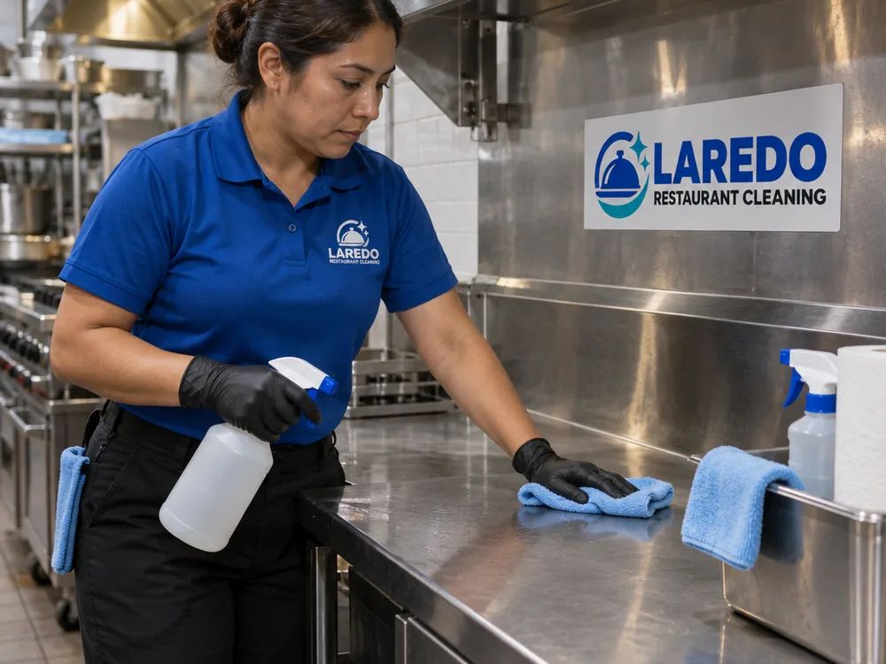 Cleaner wiping stainless prep surfaces and backsplash in a commercial kitchen after hours