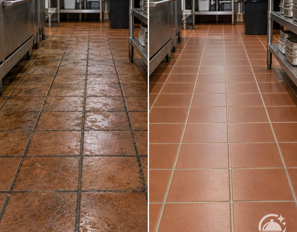 Side-by-side restaurant kitchen tile floor showing dark grout and greasy haze before cleaning and lighter grout after degreasing