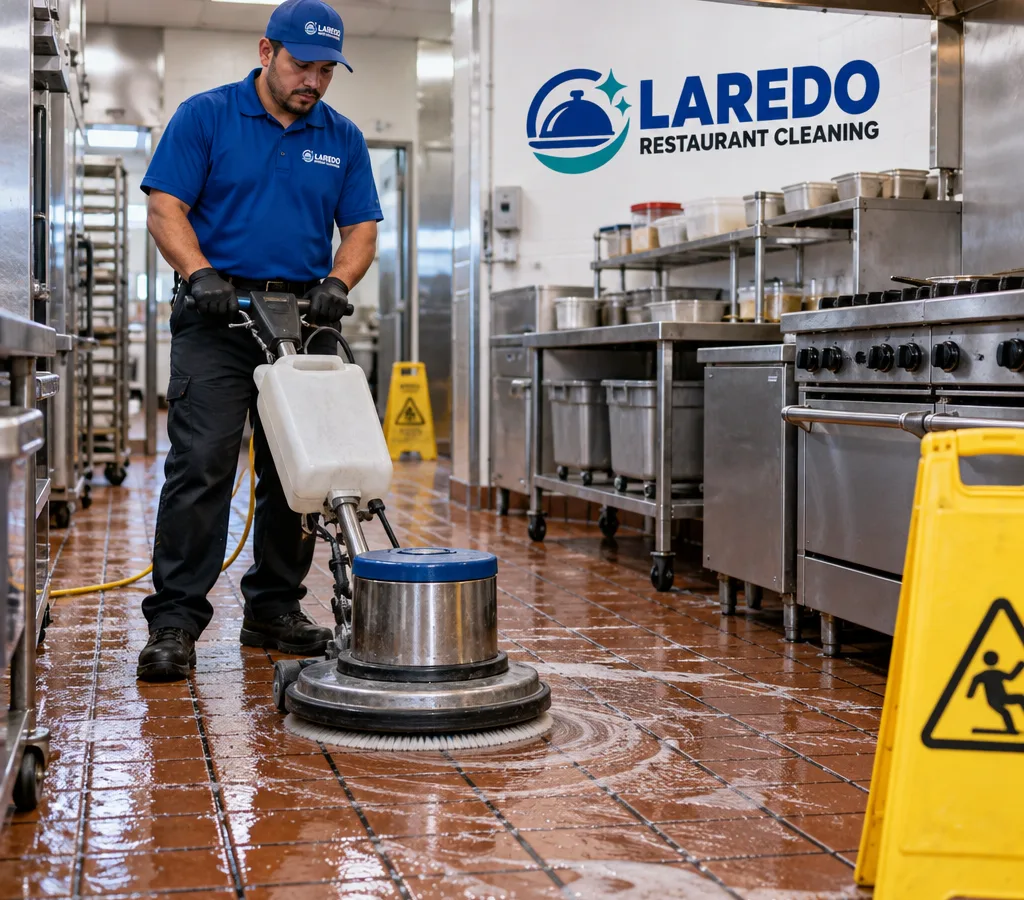 Technician scrubbing quarry tile and grout in a working commercial kitchen aisle with a rotary floor machine