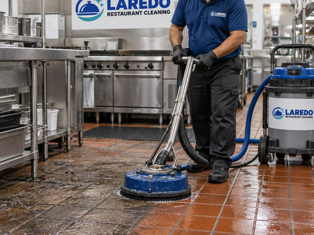 Close-up of quarry tile and grout being scrubbed and recovered with a wet vacuum, showing cleaned and uncleaned sections