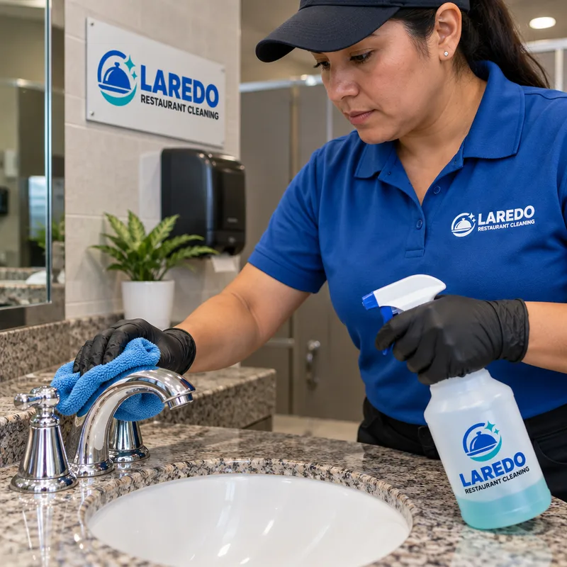 Gloved cleaner disinfecting restroom faucet and sink handles with a microfiber cloth