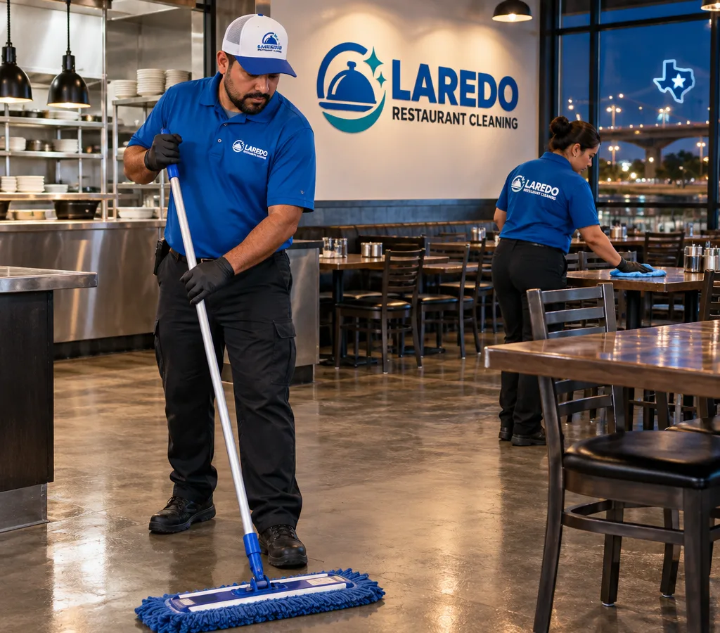 After-hours restaurant cleaners mopping a dining area and wiping tables before opening
