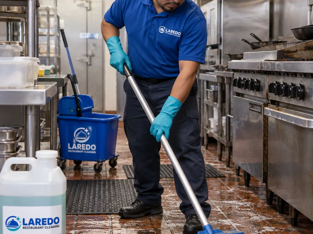 Cleaner scrubbing a greasy commercial kitchen floor near a stainless cook line