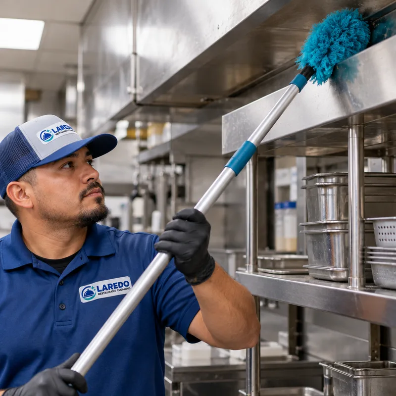 Technician using an extendable tool to clean a high stainless shelf and overhead kitchen ledge