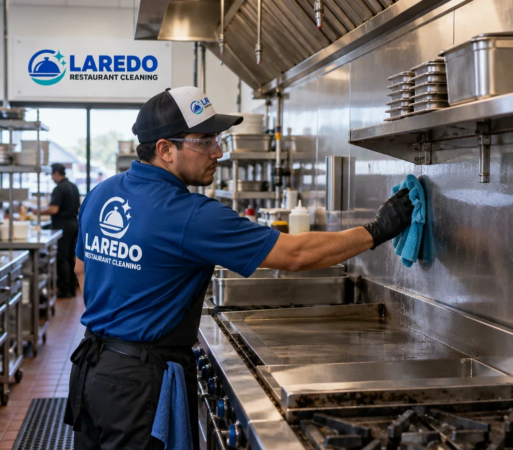 Professional cleaner in PPE wiping stainless cooking equipment and backsplash in a busy restaurant kitchen