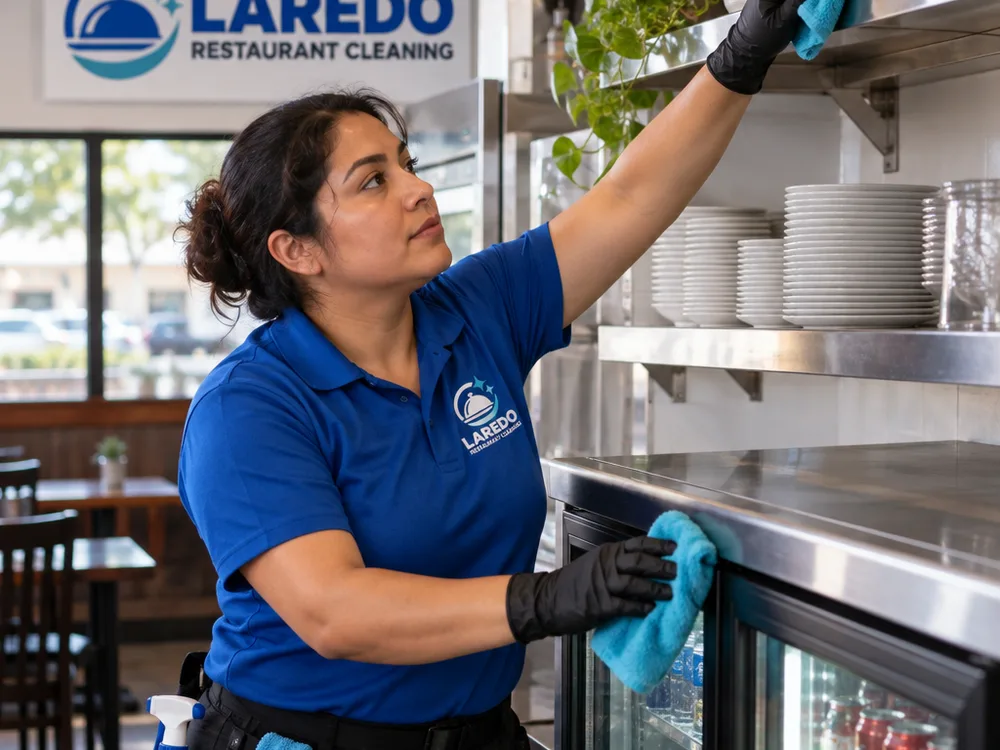 Technician wiping wall-mounted shelves and the top edge of a cooler during restaurant high dusting
