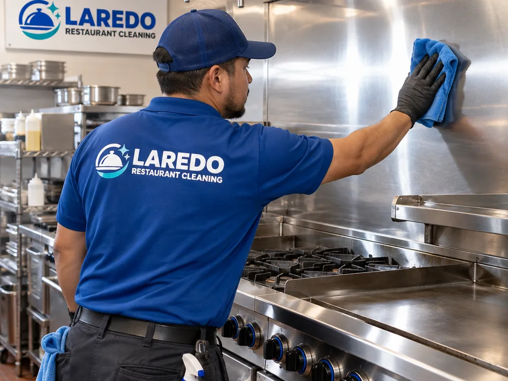 Cleaned cooking line wall with a grease-free stainless backsplash, knobs, handles, and detailed splash zones