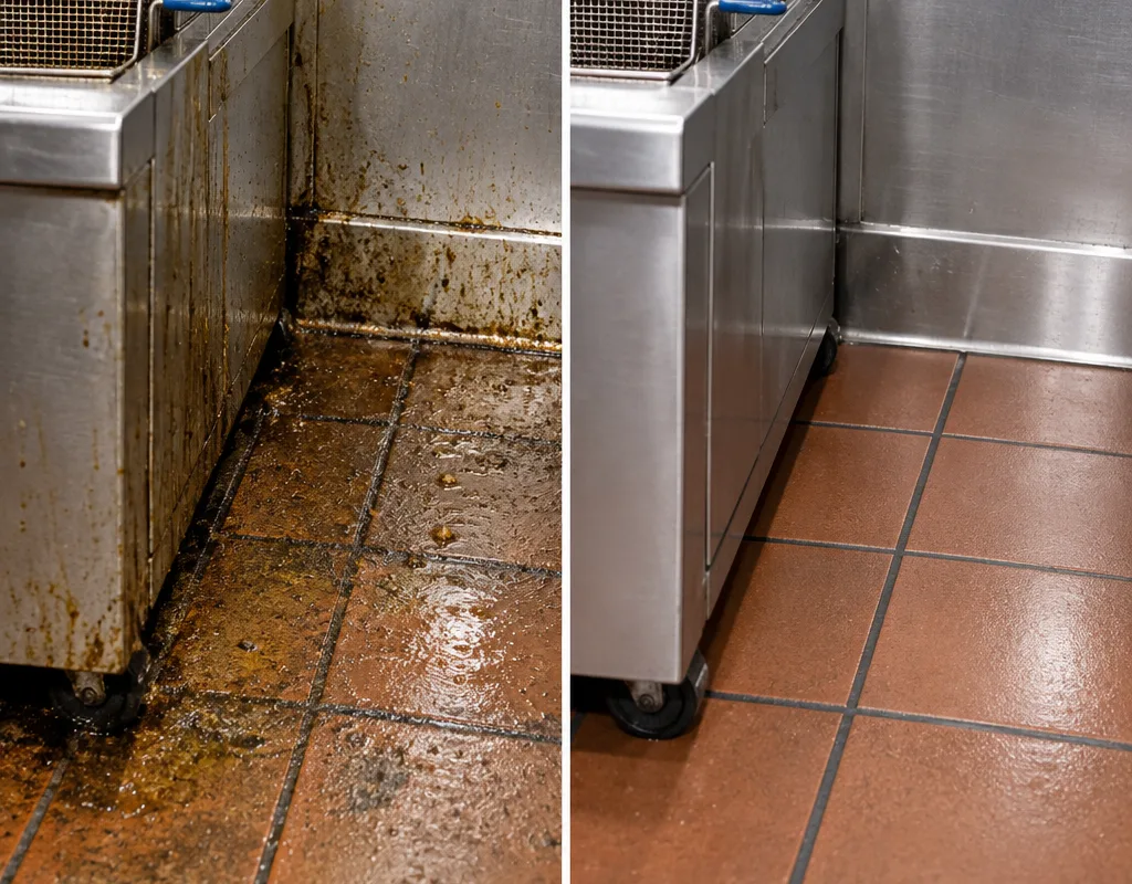 Before-and-after comparison of a greasy fryer-side floor edge after detailed scrubbing