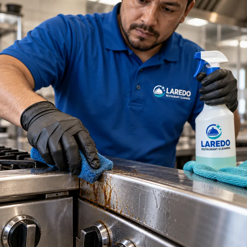 Technician removing grease film from stainless restaurant equipment with food-safe cleaning tools