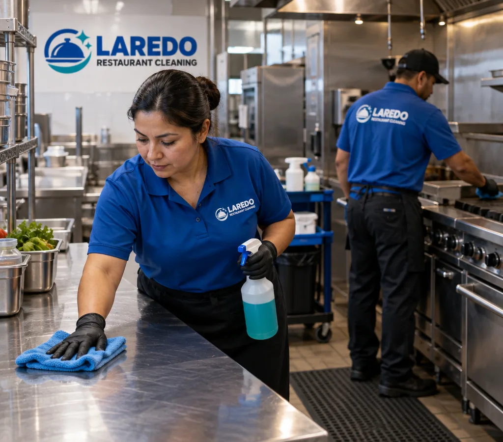 After-hours restaurant kitchen with cleaners detailing stainless prep tables and the range line