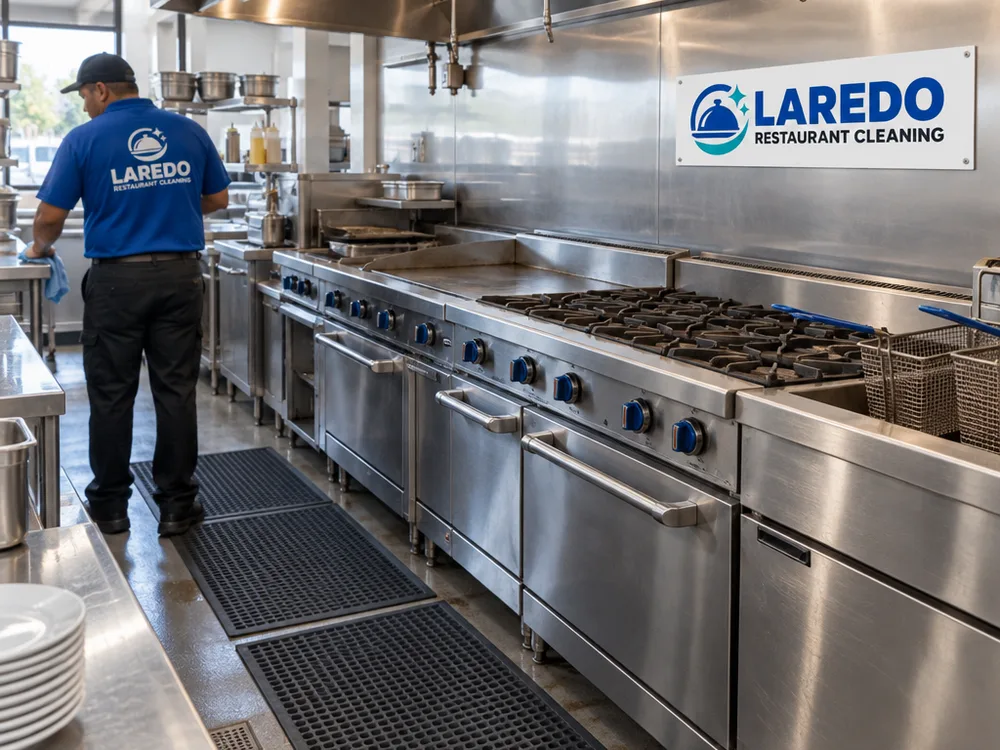 Clean restaurant cook line with wiped stainless fronts, clean wall, dry floor, and reset mats