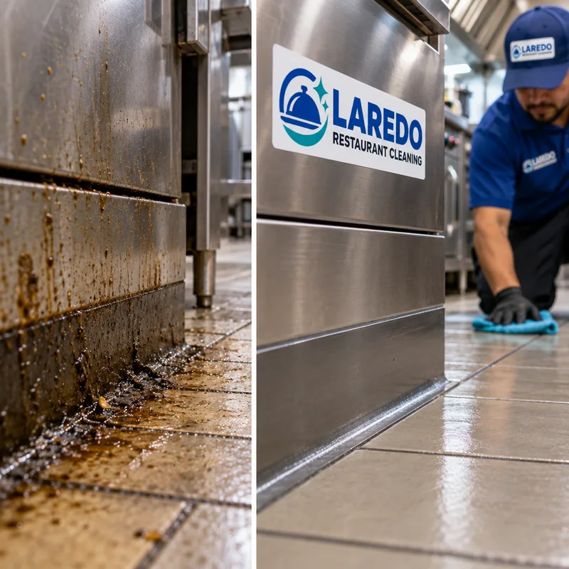 Clean commercial kitchen floor edge and baseboard near a cook line showing visible grease removal