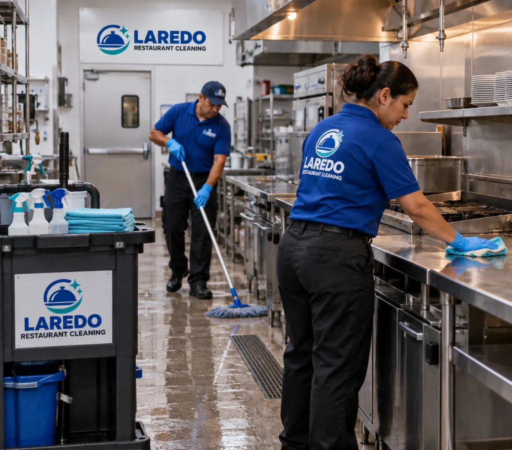 After-hours restaurant cleaning crew sanitizing a commercial kitchen line with neatly staged carts and freshly mopped floors
