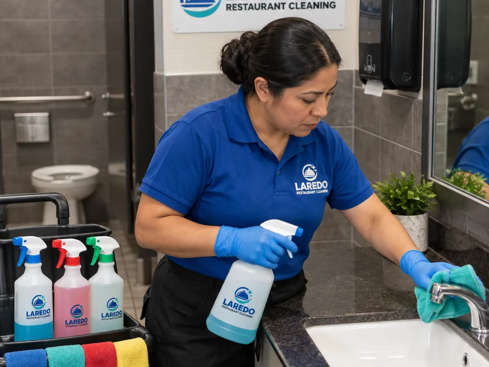 Cleaner detail-scrubbing restaurant restroom tile and fixtures with labeled disinfectants and color-coded microfiber cloths