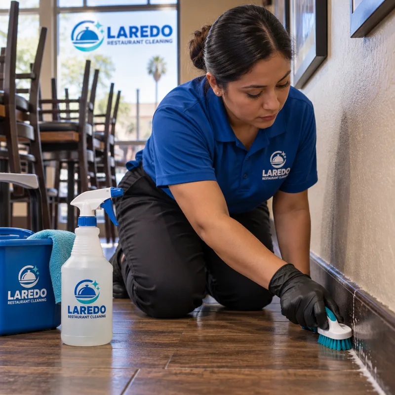 Technician scrubbing dining room baseboards and floor edges with a low-profile brush