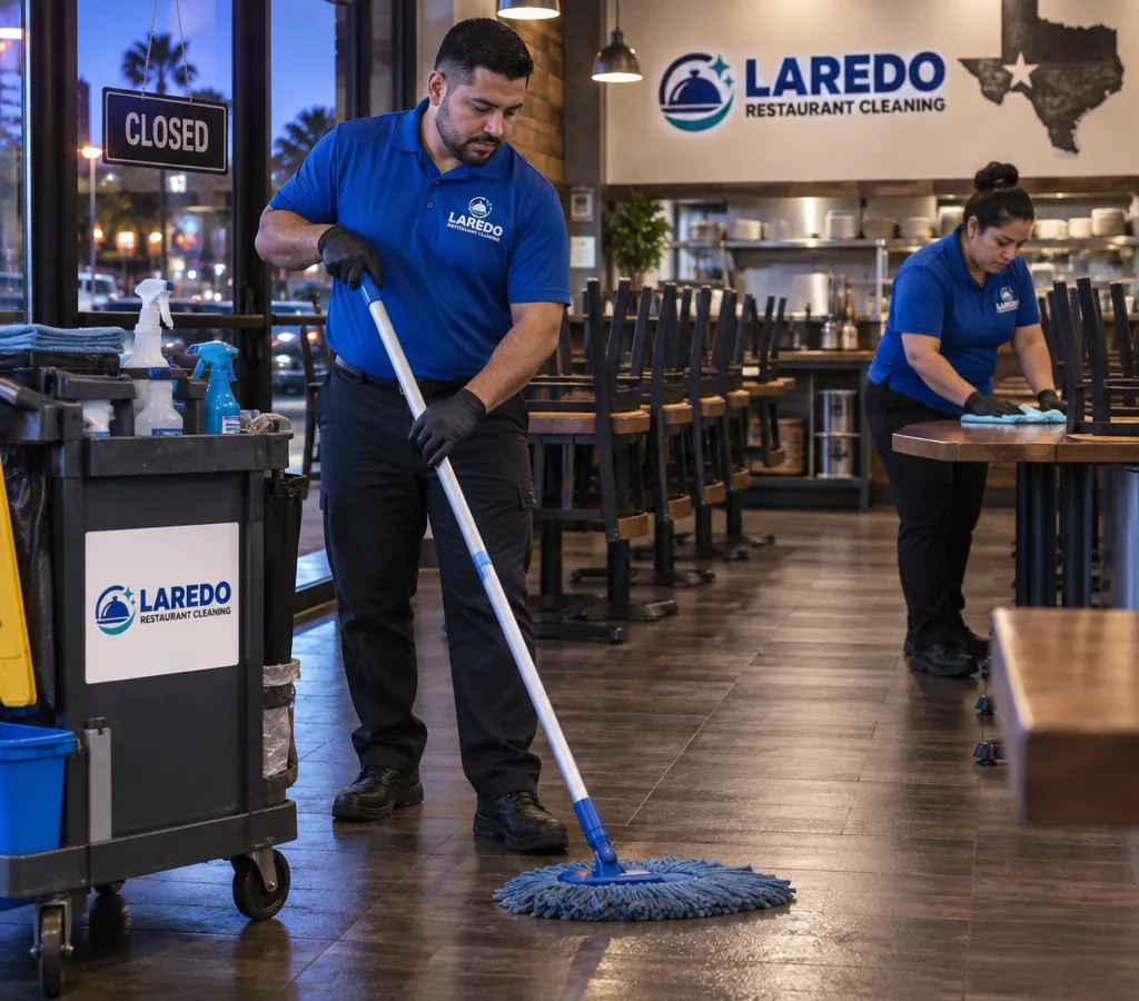 After-hours restaurant cleaning with a technician mopping the dining room while another wipes tables
