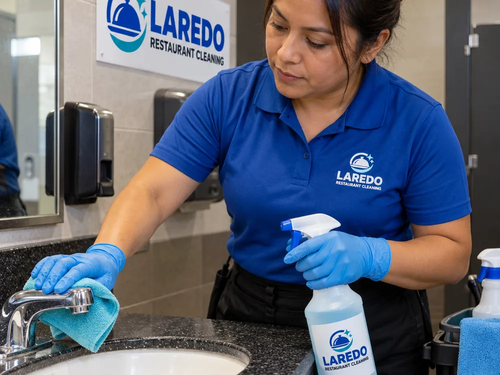 Technician cleaning a commercial restroom sink and faucet with microfiber and labeled disinfectant