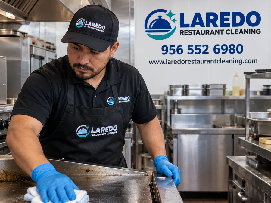 Cleaning technician wiping stainless steel around commercial cook-line equipment