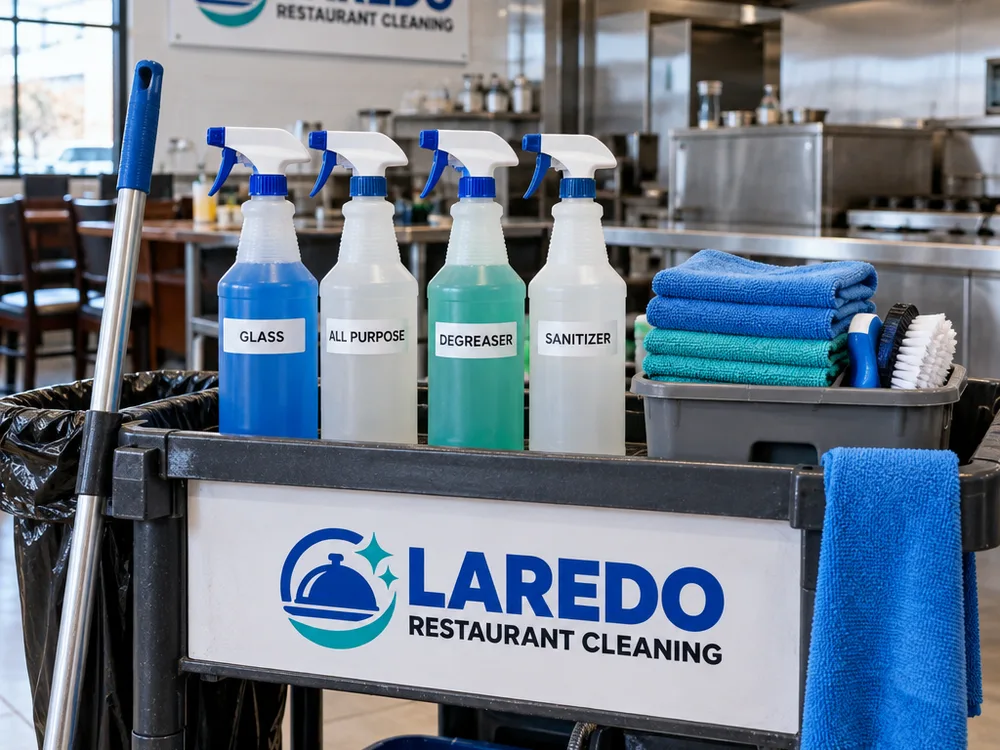 Professional cleaning supplies and microfiber cloths staged in a commercial workspace